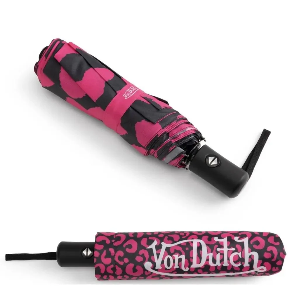 Von Dutch Hot Pink Cheetah Compact Automatic Umbrella, Strong & Portable